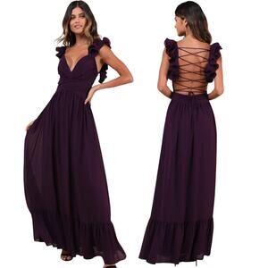 Lulus Soiree Celebration Purple Ruffled Lace-Up Maxi Dress size Medium NWT